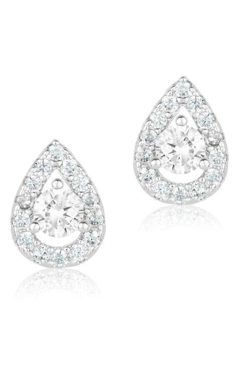 White Rhodium Plated Swarovski Crystal Pear Halo Stud Earrings