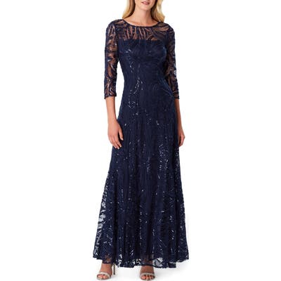 Tahari Sequin Embroidered A-Line Gown, Blue