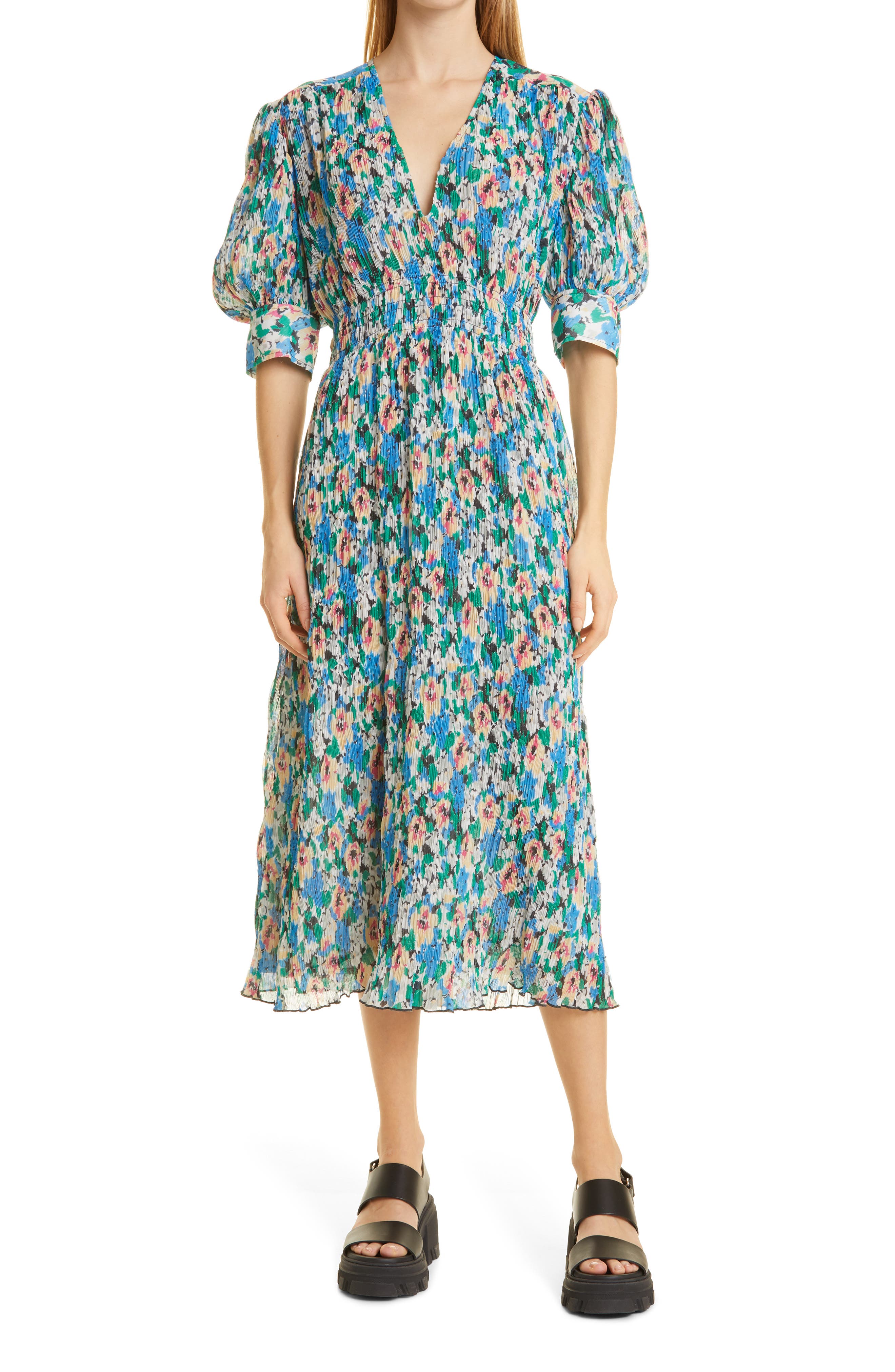 Ganni Floral Print Smocked Plisse Georgette Midi Dress in Floral Azure Blue at Nordstrom, Size 8-10 Us