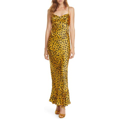 Saloni Mimi Leopard Silk Satin Maxi Dress, Black