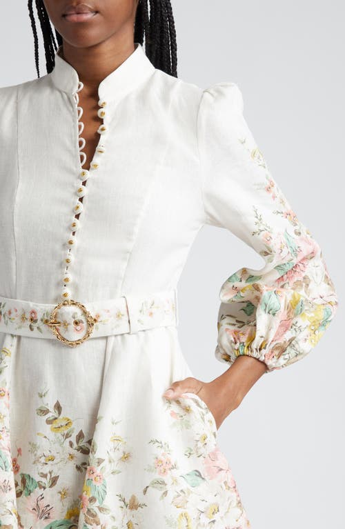 Shop Zimmermann Matchmaker Belted Linen Minidress In Ivory/coral Floral