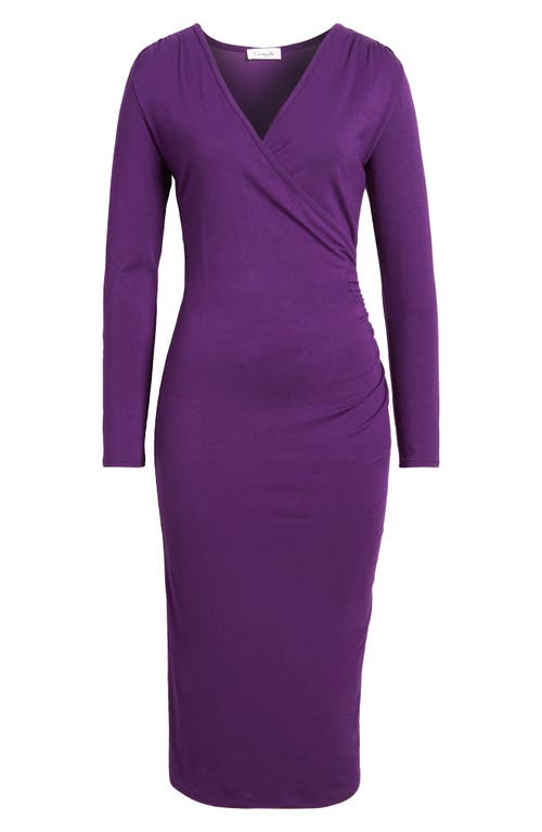 Shop Loveappella Long Sleeve Faux Wrap Midi Dress In Dark Purple