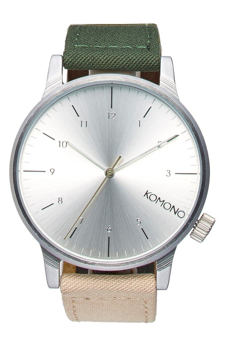 KOMONO 'Winston Heritage' Multitoned Canvas Strap Watch, 41mm, Main, color, GREEN/ BEIGE/ SILVER