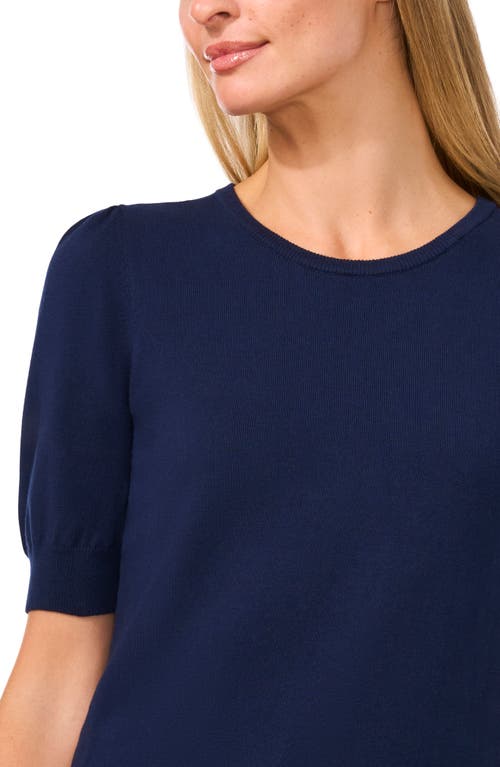 Cece Short Sleeve Crew Neck With Pearl Button Sweater In Classic Navy Blue