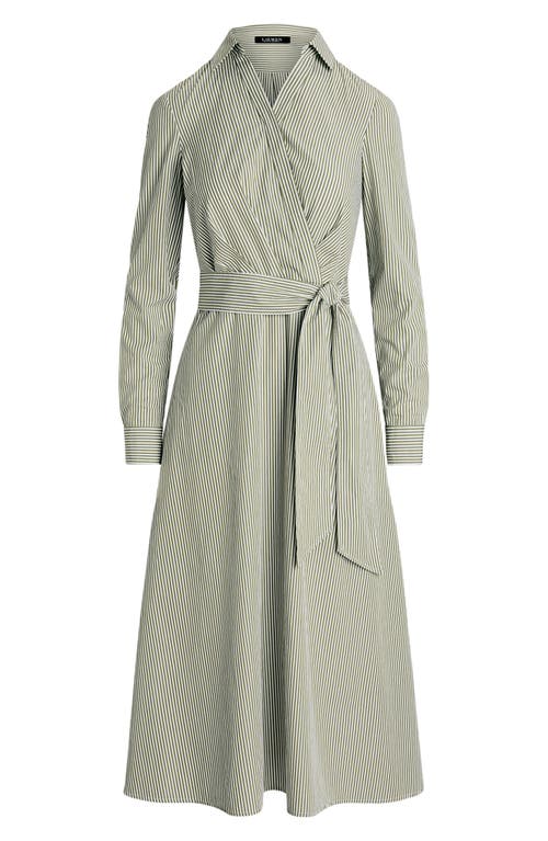 Shop Lauren Ralph Lauren Striped Surplice Broadcloth Midi Dress In Olive/white