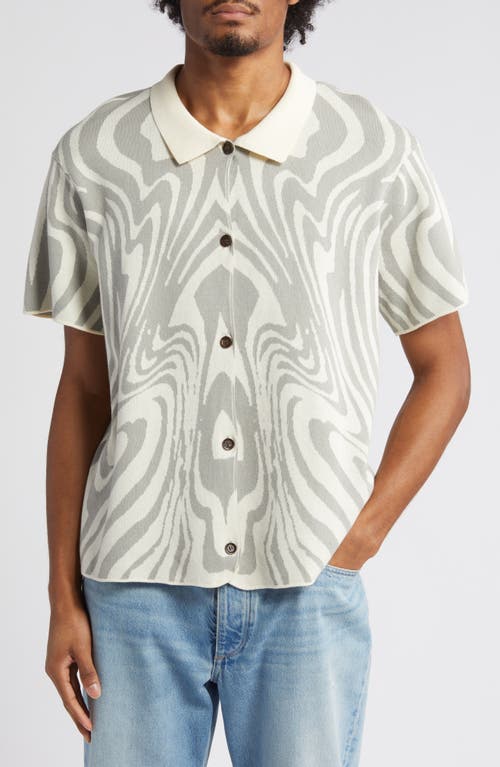 Dazed Jacquard Short Sleeve Cotton Knit Button-Up Shirt in Bone