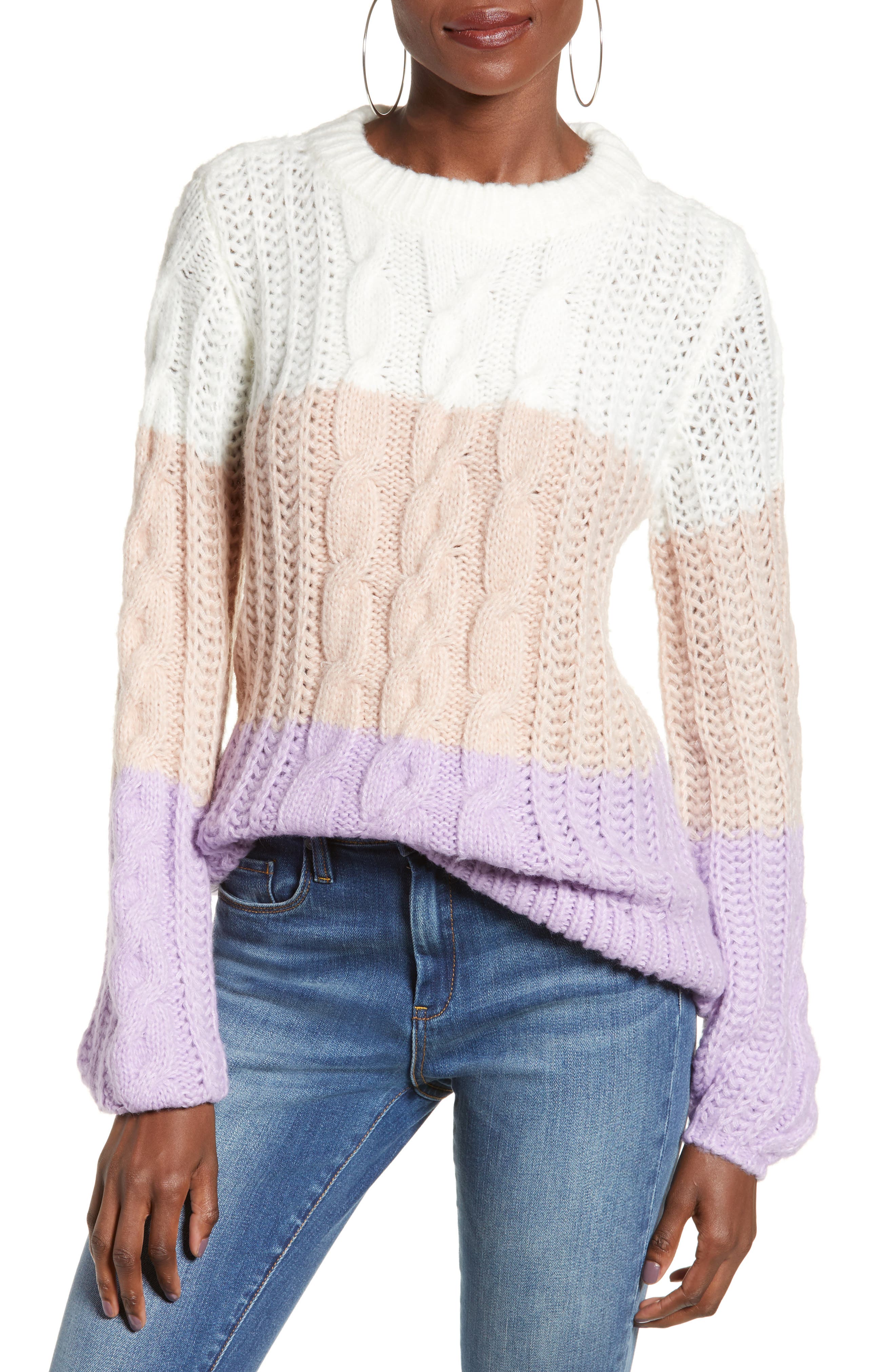 Vero Moda Becca Colorblock Chunky Cable Sweater, Pink
