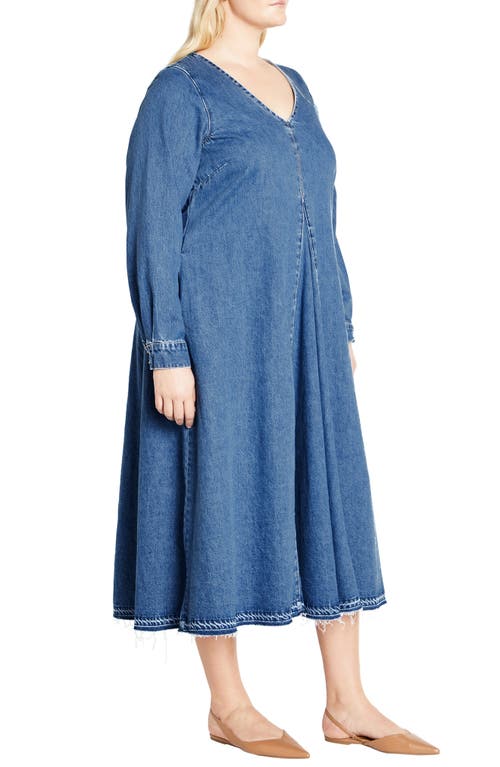 City Chic Ivy Long Sleeve Denim Midi Dress In Mid Denim