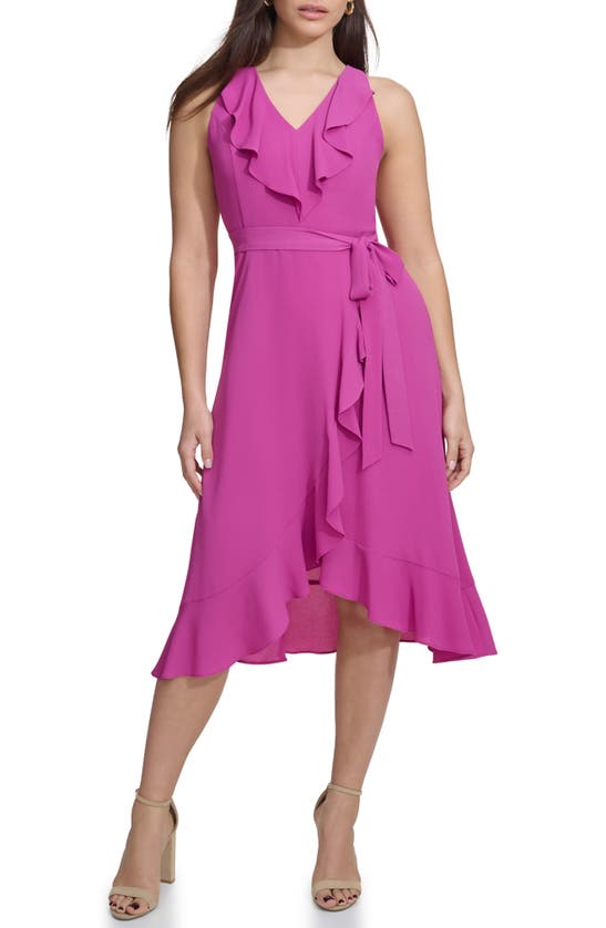 Shop Kensie Ruffle Trim Faux Wrap Dress In Fuchsia