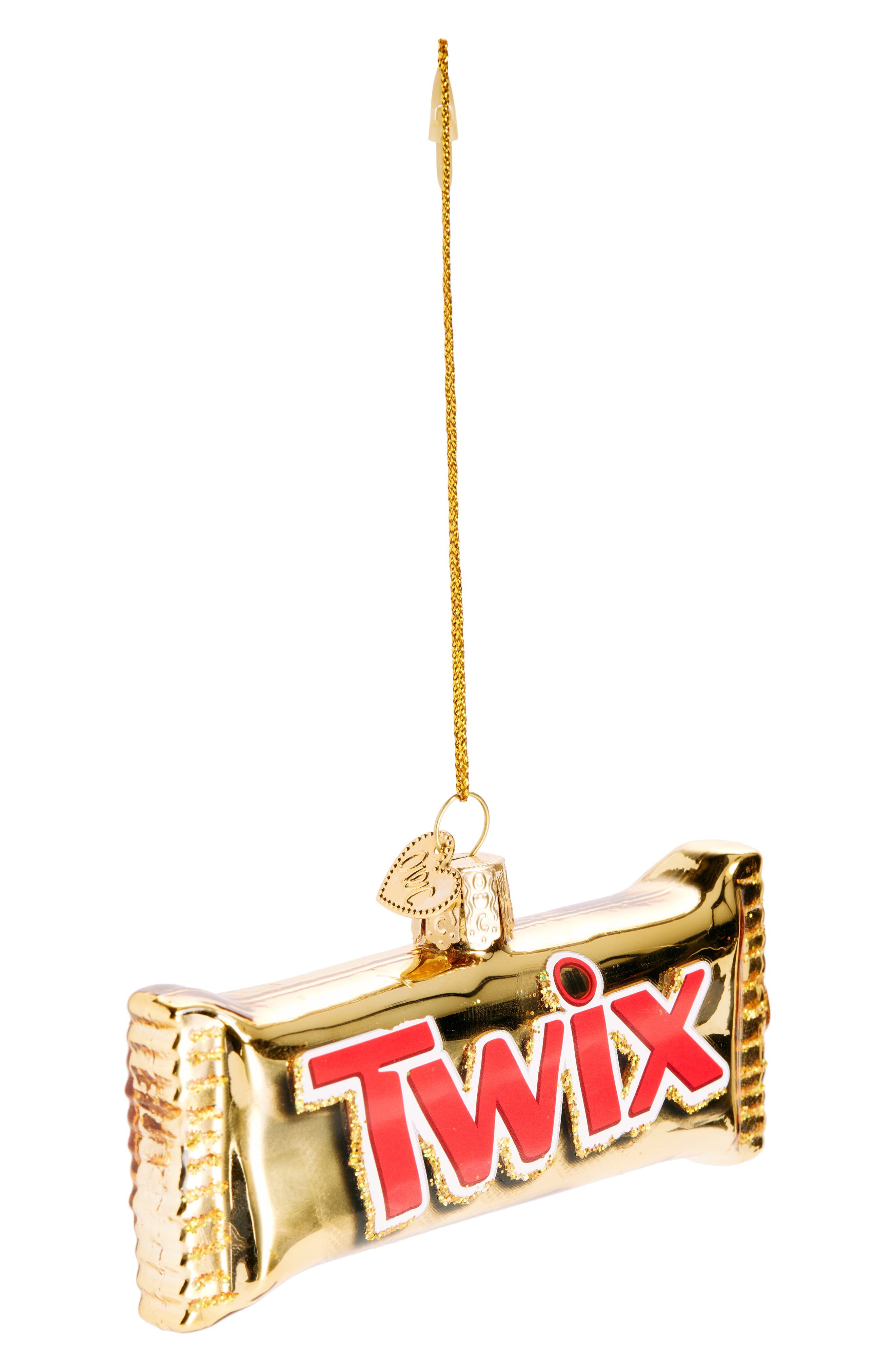 Old World Christmas Twix Candy Bar Glass Ornament in Gold/Red/White 