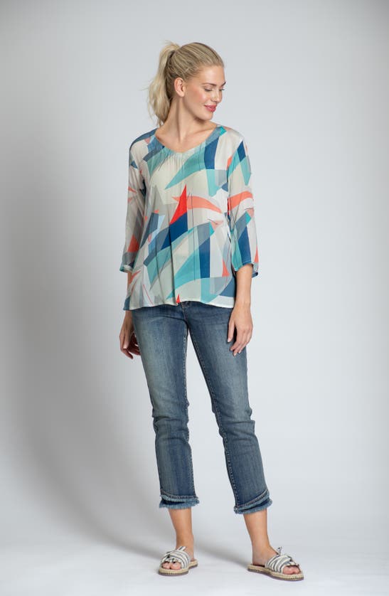 Apny Print V-neck Three-quarter-sleeve Chiffon Top In Green Multi