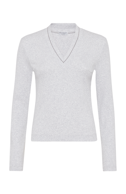 Shop Brunello Cucinelli Stretch Cotton Ribbed Jersey T-shirt With Monili In Silver