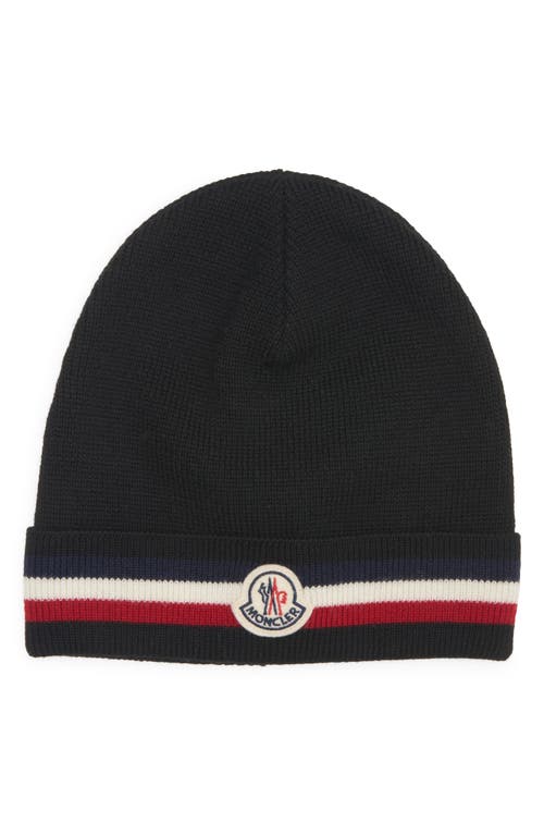 Shop Moncler Tricolor Stripe Ribbed Wool Beanie In Black