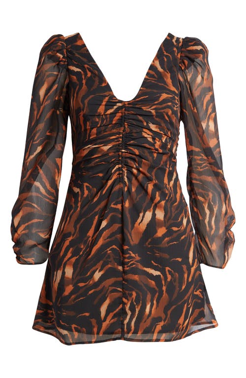 Topshop Tiger Print Ruched Long Sleeve Dress in Black Multi