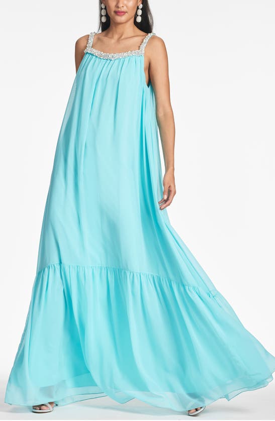 Shop Sachin & Babi Kami Imitation Pearl & Crystal Detail Chiffon Gown In Swiss Blue