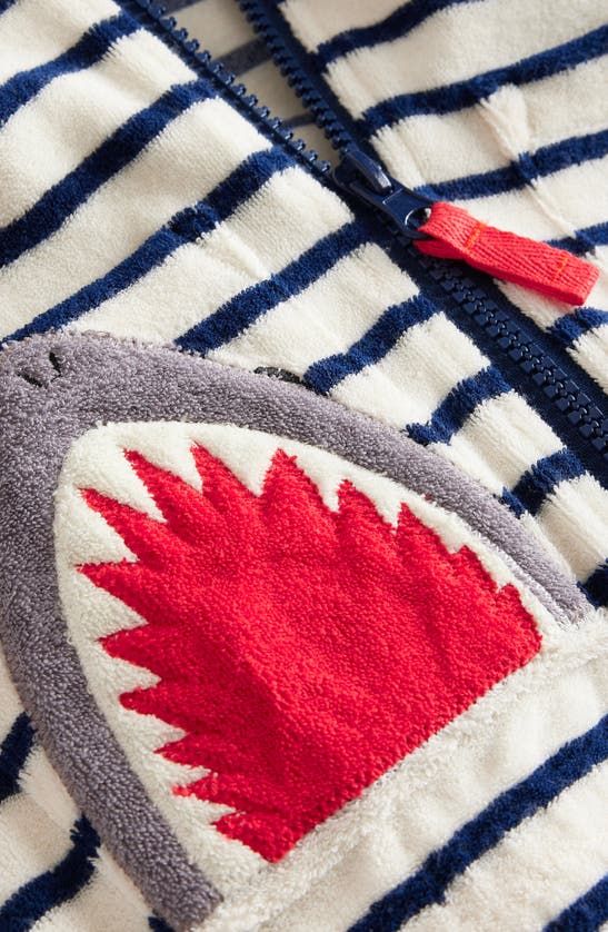 Shop Mini Boden Kids' Stripe Appliqué Shark Terry Cloth Zip-up Hoodie In Ivory/ Greek Blue Stripe Shark