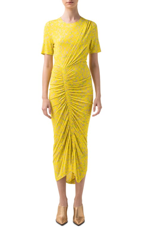 Magnolia Print Ruched Jersey Dress in Neon/Sand