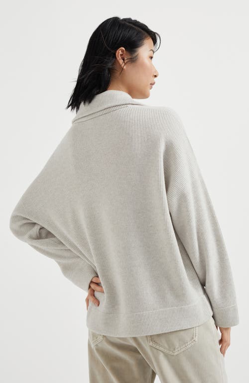 Shop Brunello Cucinelli Cashmere English Rib Polo-style Sweater With Monili In Pearl Grey