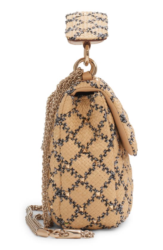 Shop Valentino Medium Rockstud Matelassé Quilted Raffia Shoulder Bag In Naturale-nero/beige