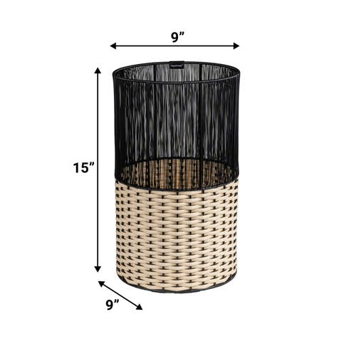 Happimess Harper Modern 2-tone Faux Wicker Cylinder Waste Basket In Black/cream