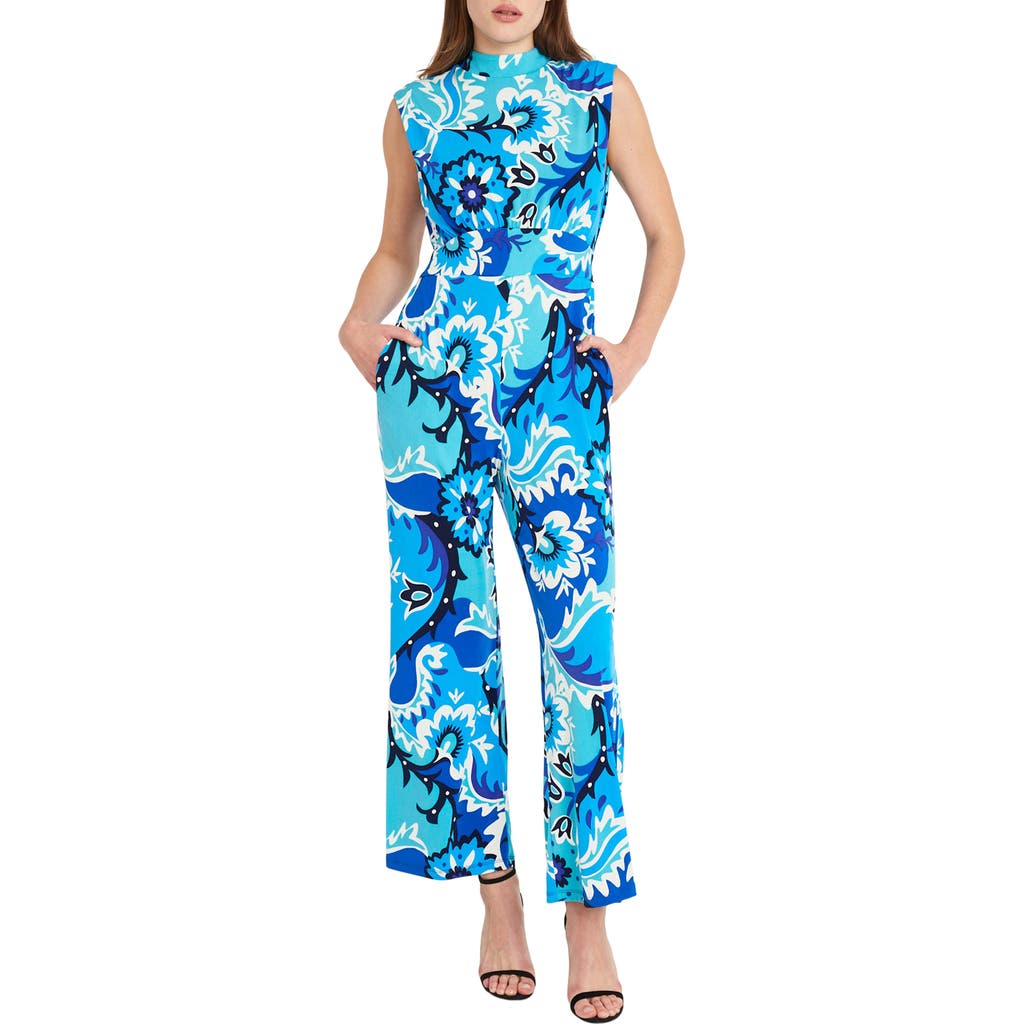 Donna Morgan For Maggy Floral Sleeveless Jumpsuit In Cream/blue