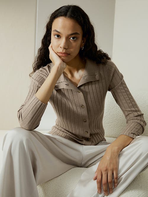 Lilysilk Ribbed Silk-cashmere Blend Cardigan In Brown