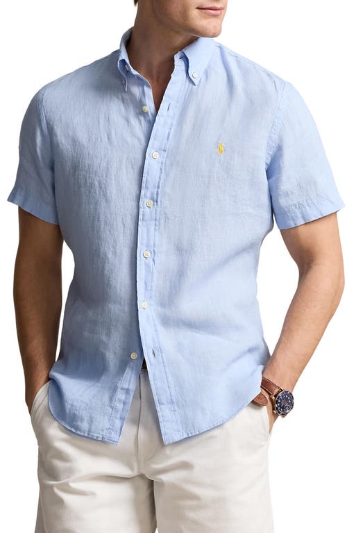Linen Short Sleeve Button-Down Shirt in Blue Hyacinth