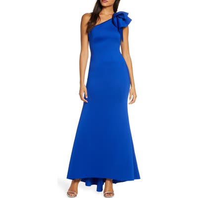 Eliza J One-Shoulder Scuba Crepe Mermaid Gown, Blue