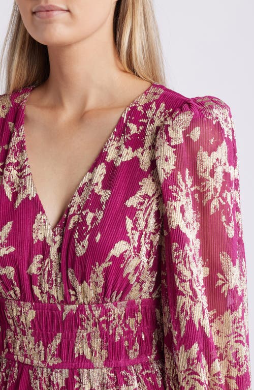 Shop Vince Camuto Metallic Floral Long Sleeve Fit & Flare Dress In Magenta