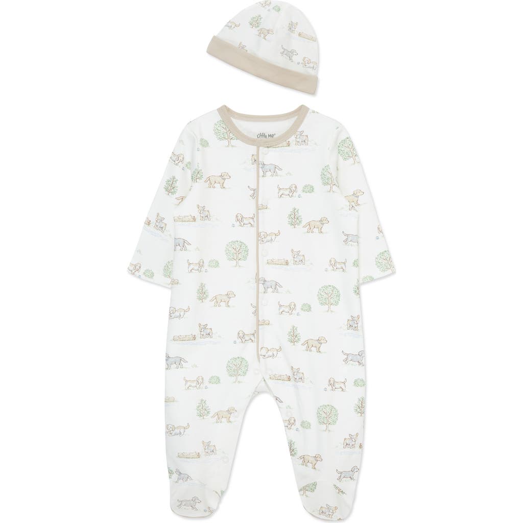 Little Me Puppy Park Cotton Footie & Hat Set In Ivory