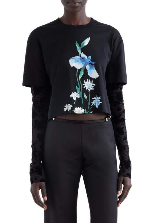 Givenchy Floral Layered Long Sleeve Crop T-Shirt Black at Nordstrom,