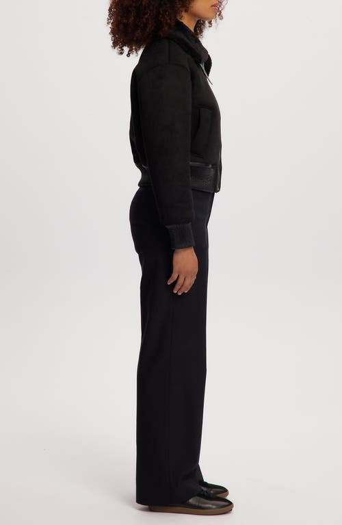 Noize Fannie Faux Fur Collar Faux Suede & Faux Leather Crop Bomber Jacket In Black