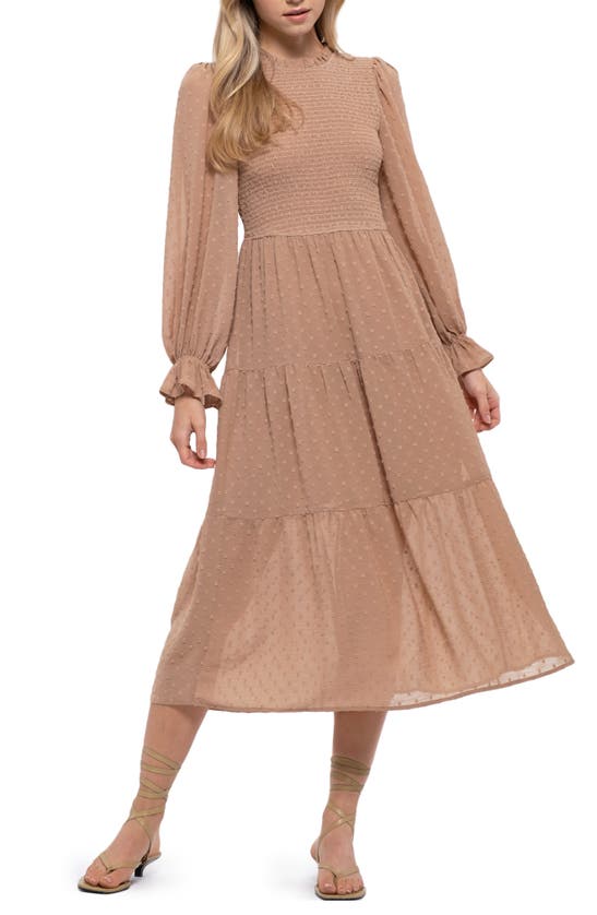 Blu Pepper Smocked Clip Dot Midi Dress In Chestnut ModeSens