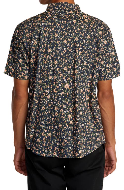 Shop Rvca Botanical Print Short Sleeve Button-up Shirt In Navy Marine