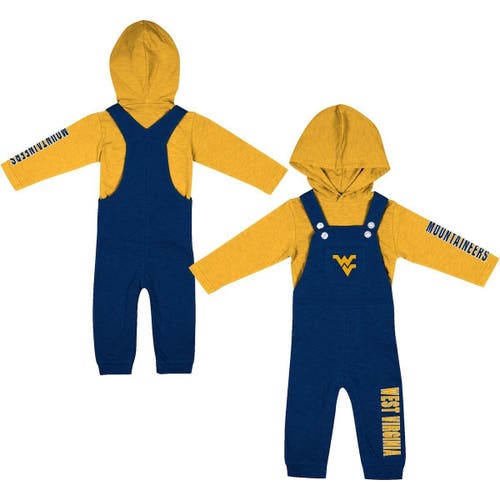 Newborn & Infant Colosseum Heathered Navy/Heathered Gold West Virginia Mountaineers Chim-Chim Long Sleeve Hoodie T-Shirt & Overall Set in Heather