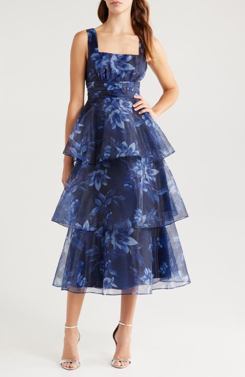 Lulus Floral Organza Tiered Midi Dress in Navy/Blue/White 