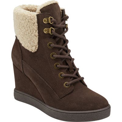 Evolve Everett Hidden Wedge Bootie With Faux Shearling Trim, Brown