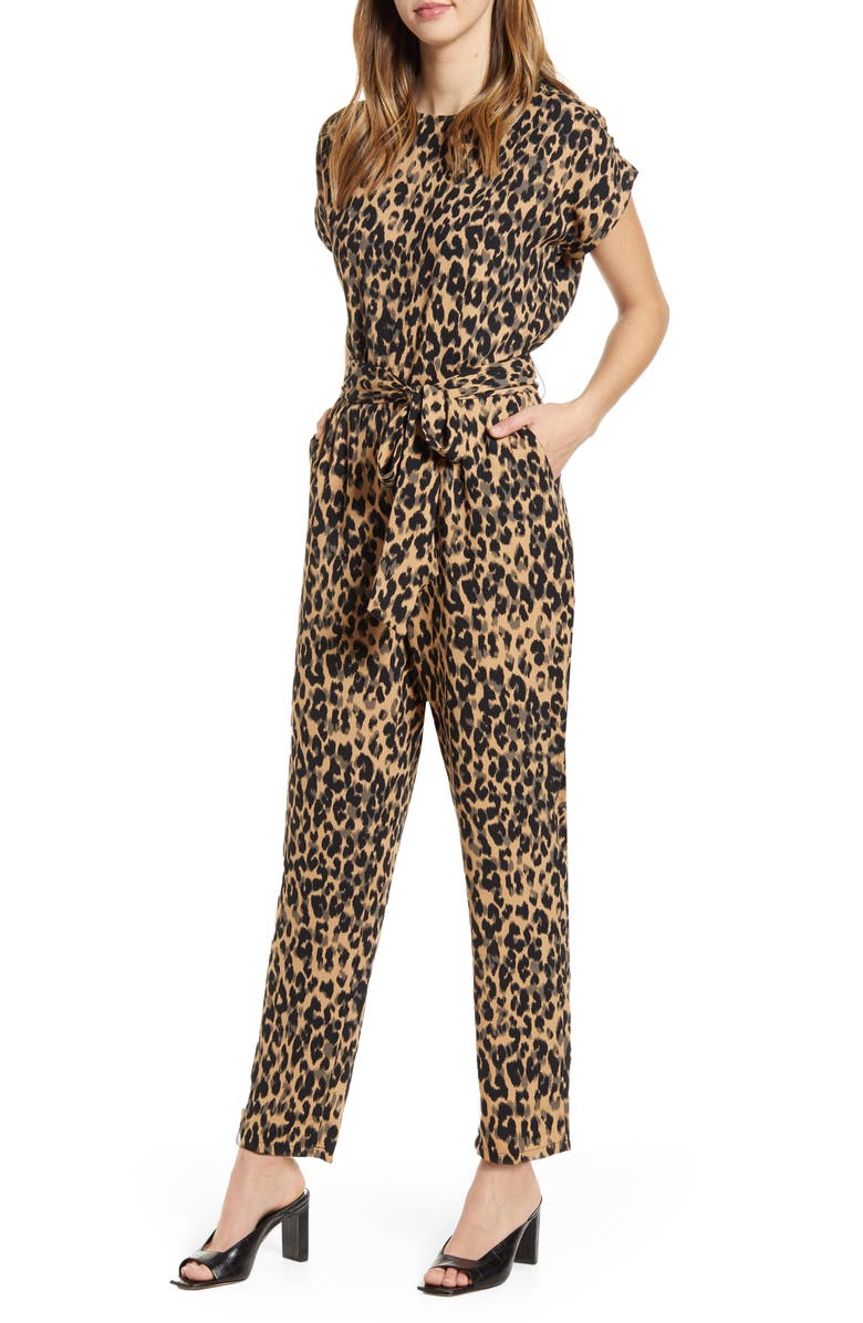 HALOGEN<SUP>®</SUP> Short Sleeve Jumpsuit, Main, color, TAUPE ANIMALIA PRINT