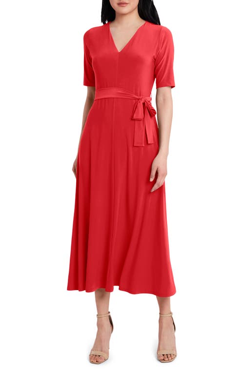 V-Neck Belted Midi Dress in Red