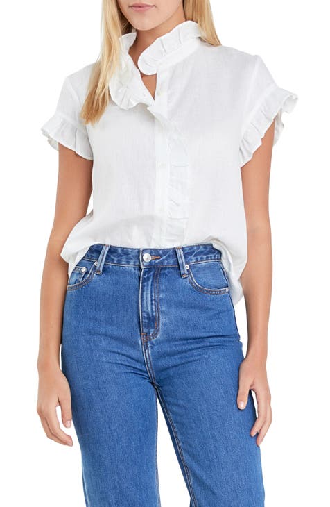 Cotton ruffled blouse with high neck and long sleeves, white, La