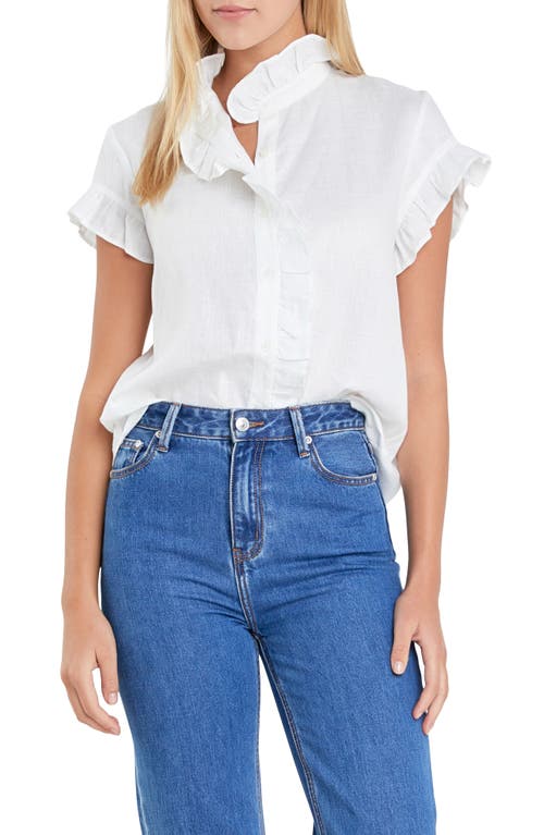 English Factory Ruffle Trim Linen Button-Up Shirt in Off White at Nordstrom, Size X-Small