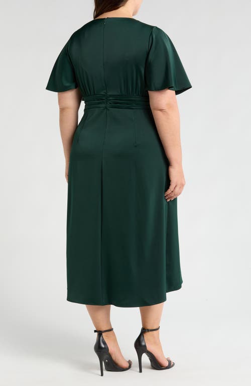 Shop Sl Fashions Faux Wrap Satin Cocktail Midi Dress In Deep Green