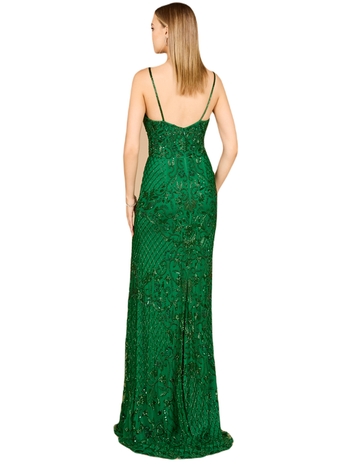 Lara New York Body Con V-neck Beaded Gown In Emerald