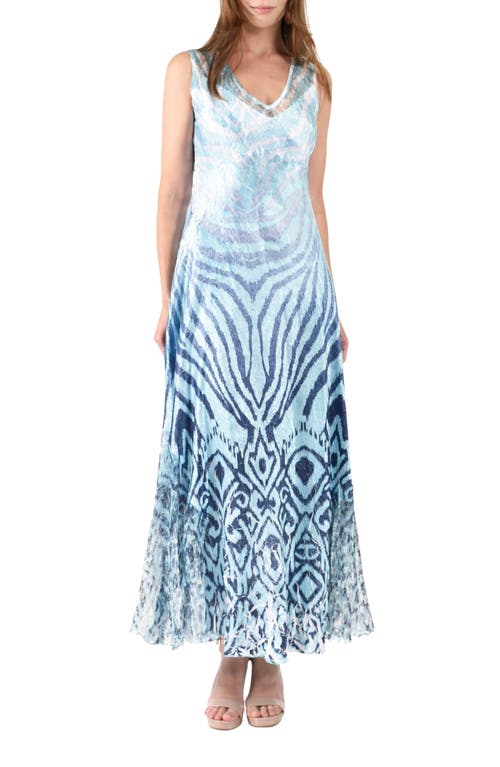 Lace-Up Charmeuse & Lace Maxi Dress in Aqua Ikat Zebra