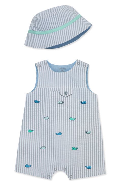 Whales Cotton Seersucker Romper & Hat Set (Baby)