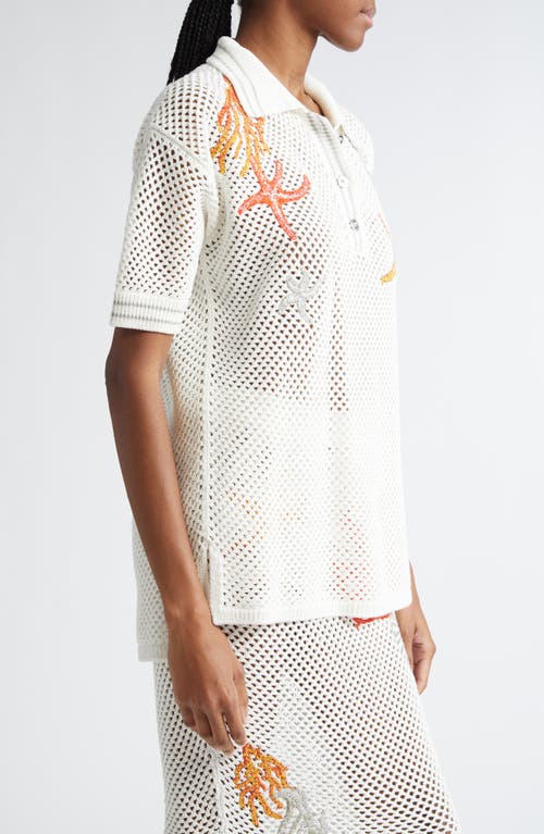 Shop Versace Coral Embroidered Cotton Open Stitch Polo In Ivory