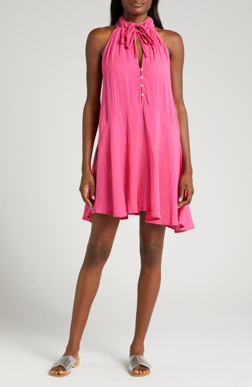 Button Front Cotton Cover-Up Minidress in Hot Pink