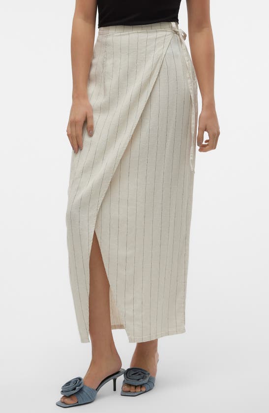 Vero Moda Mindy Pinstripe Linen Blend Faux Wrap Maxi Skirt In Oatmeal Stripes Grey