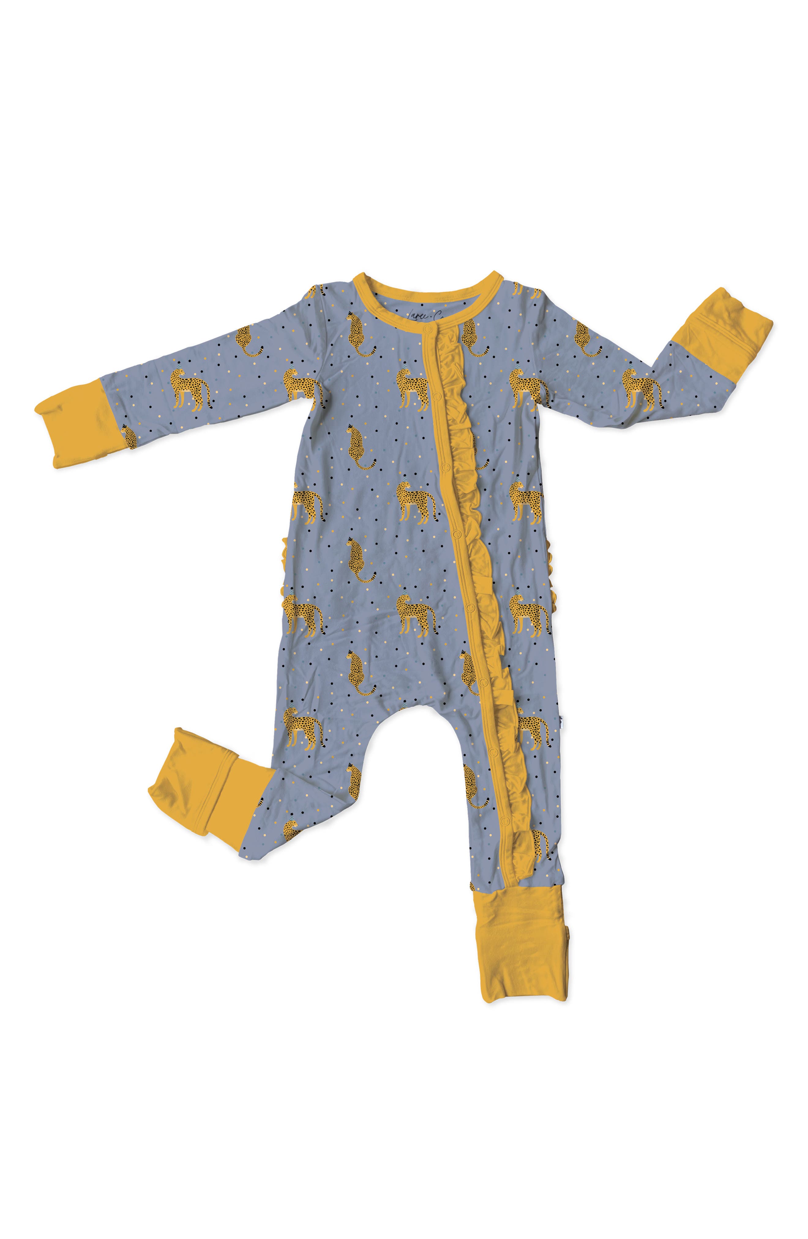 Laree + Co Birthday 2024 Ruffle Convertible Footie in Blue/Gold 