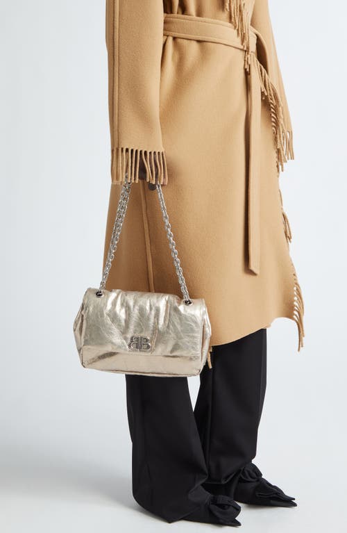 Shop Balenciaga Small Monaco Crinkled Metallic Leather Shoulder Bag In Stone Beige